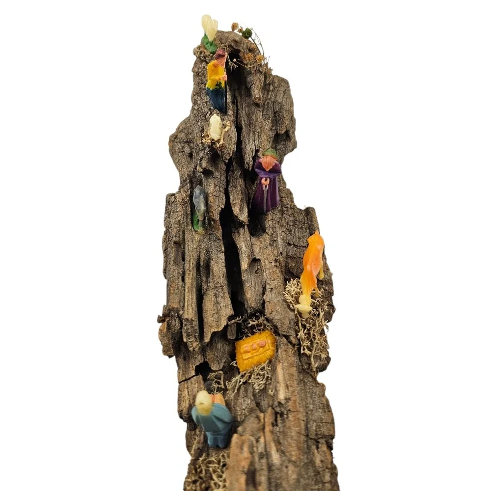 Vintage Nativity Scene Display on Natural‎ Bark Wood Log with Figurines Decor